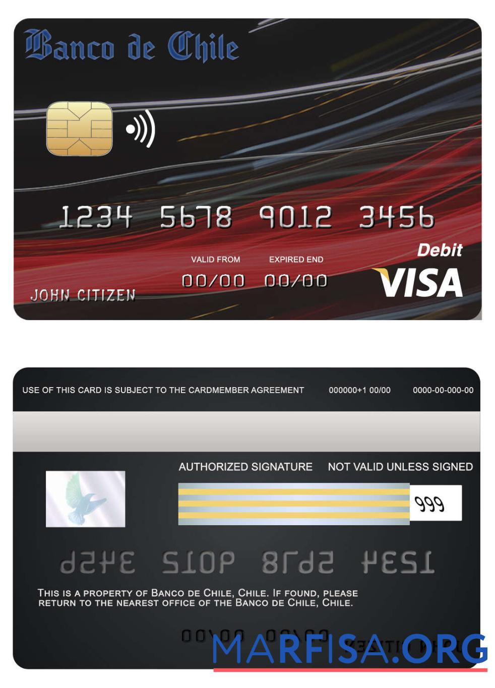 Realistic chile Banco de Chile bank visa card example